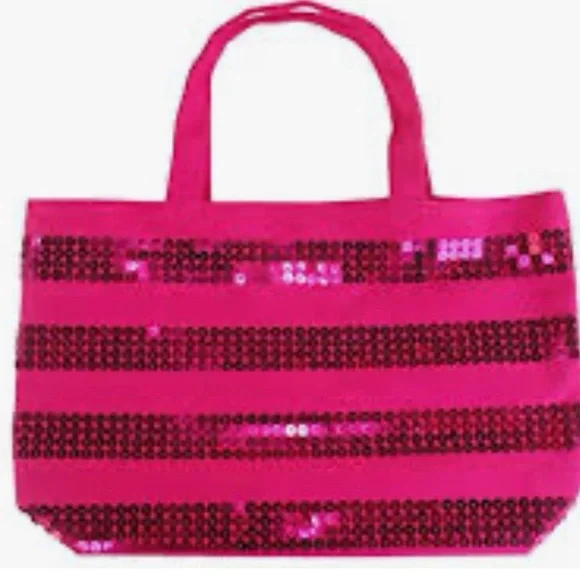 Victoria Secret Hot Pink Sequin Tote Canvas Striped Overnight Shoulder Bag New - Picture 6 of 14